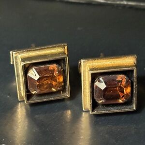 🟢 Square Cufflinks, Gold & Amber, Vintage